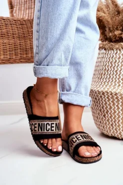 Outlet Klapki Na Korku Z Cyrkoniami Czarno-Złote Be Nice Damskie Klapki Korkowe|Klapki Damskie Klasyczne