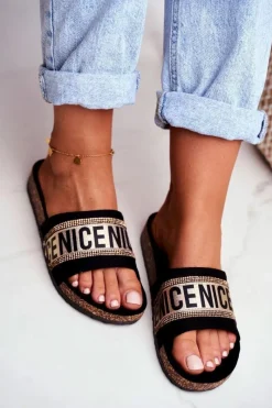 Outlet Klapki Na Korku Z Cyrkoniami Czarno-Złote Be Nice Damskie Klapki Korkowe|Klapki Damskie Klasyczne