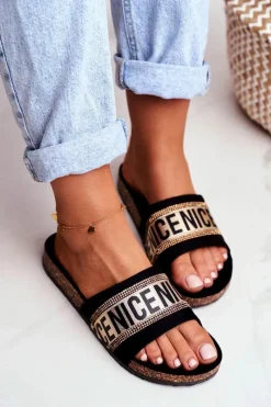 Outlet Klapki Na Korku Z Cyrkoniami Czarno-Złote Be Nice Damskie Klapki Korkowe|Klapki Damskie Klasyczne