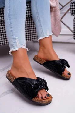 Outlet Klapki Na Korku z Kokardą Czarne Metalics Damskie Klapki Korkowe|Klapki Damskie Klasyczne