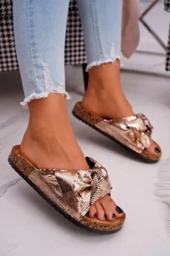 Klapki Na Korku z Kokardą Różowe Złoto Metalics Damskie Klapki Korkowe|Klapki Damskie Klasyczne