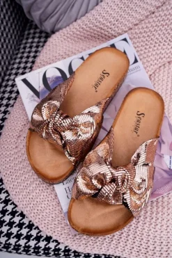 Klapki Na Korku z Kokardą Różowe Złoto Metalics Damskie Klapki Korkowe|Klapki Damskie Klasyczne