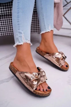 Klapki Na Korku z Kokardą Różowe Złoto Metalics Damskie Klapki Korkowe|Klapki Damskie Klasyczne