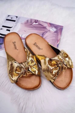 Klapki Korkowe|Klapki Damskie Klasyczne>Boto Klapki Na Korku z Kokardą Złote Metalics