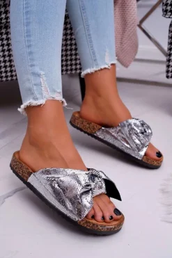 Online Boto Klapki Na Korku z Kokardą Srebrne Metalics