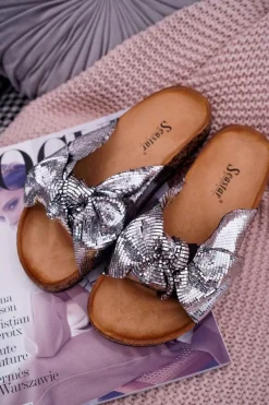 Online Boto Klapki Na Korku z Kokardą Srebrne Metalics