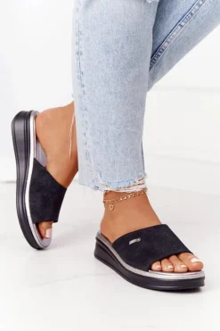 Outlet Klapki Na Koturnie Sergio Leone SK042 Czarne Damskie Klapki Na Koturnie|Klapki Na Obcasie