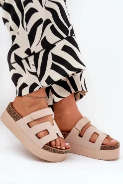 Sale Klapki Na Masywnej Platformie Beżowe Daldiva Damskie Klapki Korkowe|Klapki Na Platformie