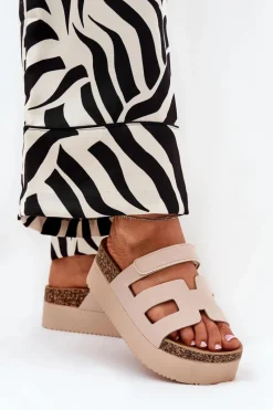 Sale Klapki Na Masywnej Platformie Beżowe Daldiva Damskie Klapki Korkowe|Klapki Na Platformie