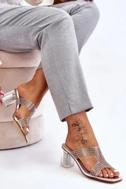 Outlet Klapki Na Obcasie Z Dżetami Srebrne Jaxen Damskie Klapki Na Obcasie|Klapki Damskie Klasyczne