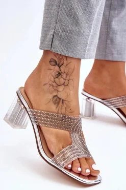 Outlet Klapki Na Obcasie Z Dżetami Srebrne Jaxen Damskie Klapki Na Obcasie|Klapki Damskie Klasyczne