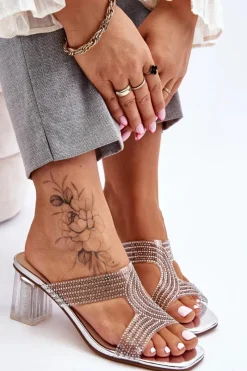 Outlet Klapki Na Obcasie Z Dżetami Srebrne Jaxen Damskie Klapki Na Obcasie|Klapki Damskie Klasyczne