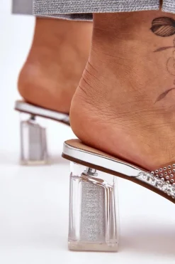 Outlet Klapki Na Obcasie Z Dżetami Srebrne Jaxen Damskie Klapki Na Obcasie|Klapki Damskie Klasyczne