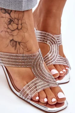 Outlet Klapki Na Obcasie Z Dżetami Srebrne Jaxen Damskie Klapki Na Obcasie|Klapki Damskie Klasyczne