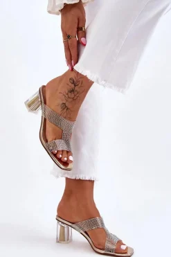 Discount Damskie buty S.Barski Klapki Na Obcasie Z Dżetami Złote Jaxen