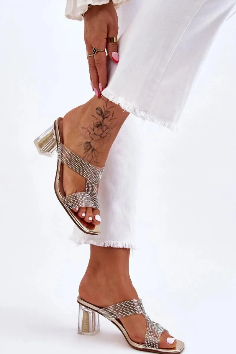 Discount Damskie buty S.Barski Klapki Na Obcasie Z Dżetami Złote Jaxen