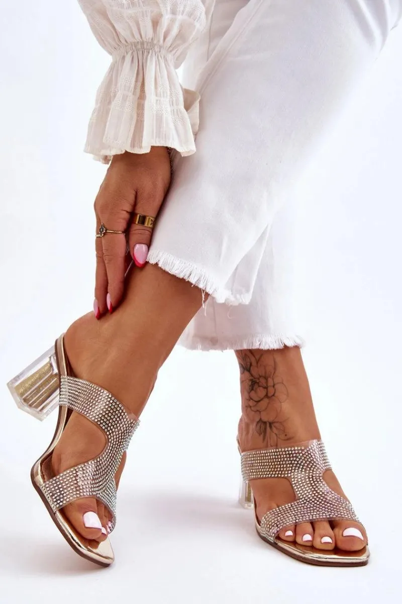 Discount Damskie buty S.Barski Klapki Na Obcasie Z Dżetami Złote Jaxen