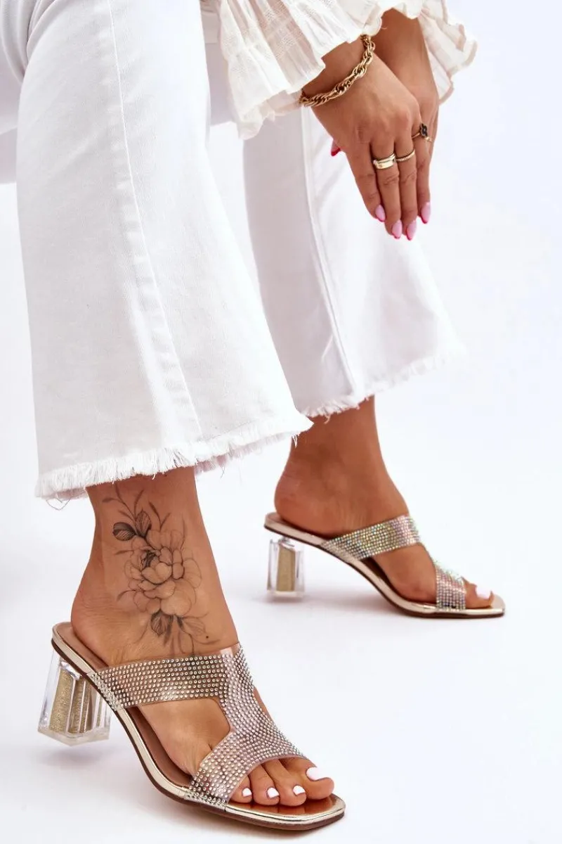 Discount Damskie buty S.Barski Klapki Na Obcasie Z Dżetami Złote Jaxen