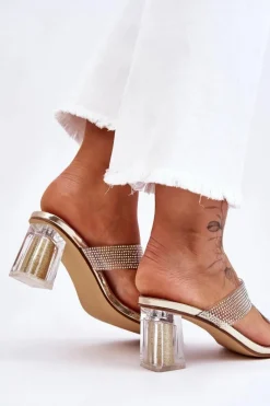 Discount Damskie buty S.Barski Klapki Na Obcasie Z Dżetami Złote Jaxen