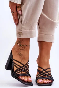 Discount Klapki Na Obcasie Z Paseczkami Czarne Beckie Damskie Klapki Na Obcasie