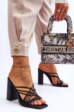 Discount Klapki Na Obcasie Z Paseczkami Czarne Beckie Damskie Klapki Na Obcasie