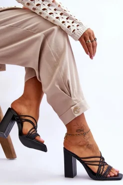 Discount Klapki Na Obcasie Z Paseczkami Czarne Beckie Damskie Klapki Na Obcasie