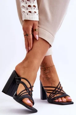 Discount Klapki Na Obcasie Z Paseczkami Czarne Beckie Damskie Klapki Na Obcasie