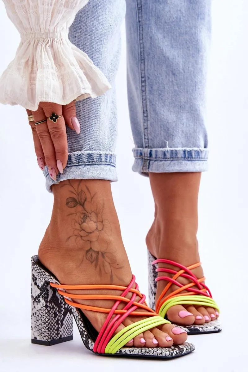 Best Boto Klapki Na Obcasie Z Paseczkami Wężowe Neonowe Beckie