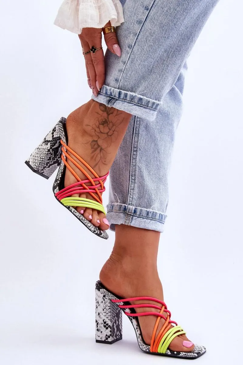 Best Boto Klapki Na Obcasie Z Paseczkami Wężowe Neonowe Beckie