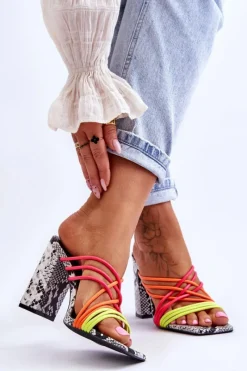 Best Boto Klapki Na Obcasie Z Paseczkami Wężowe Neonowe Beckie