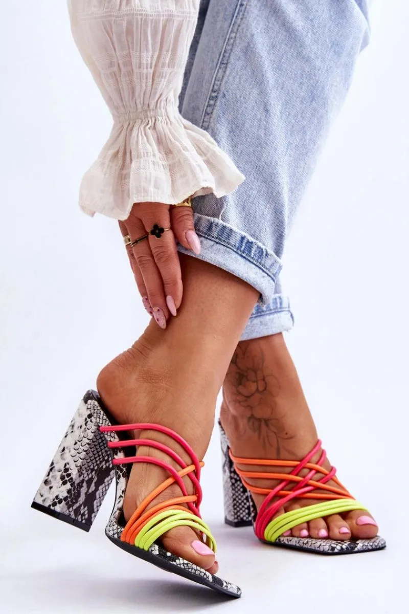 Best Boto Klapki Na Obcasie Z Paseczkami Wężowe Neonowe Beckie