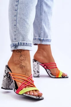 Best Boto Klapki Na Obcasie Z Paseczkami Wężowe Neonowe Beckie