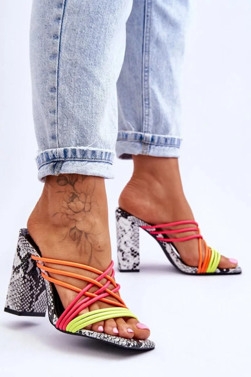 Best Boto Klapki Na Obcasie Z Paseczkami Wężowe Neonowe Beckie