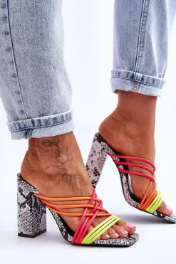 Best Boto Klapki Na Obcasie Z Paseczkami Wężowe Neonowe Beckie