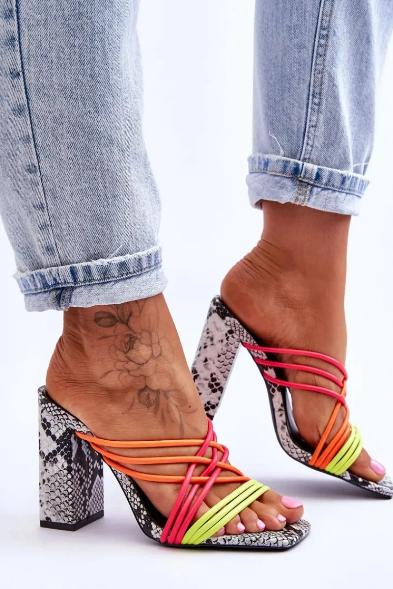 Best Boto Klapki Na Obcasie Z Paseczkami Wężowe Neonowe Beckie