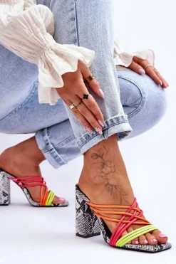 Best Boto Klapki Na Obcasie Z Paseczkami Wężowe Neonowe Beckie