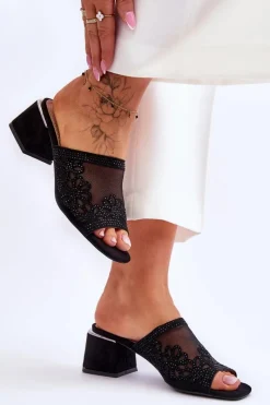 Sale Klapki Na Obcasie Z Siateczką S.Barski KV-612-1 Czarne Damskie Klapki Na Obcasie|Klapki Damskie Klasyczne