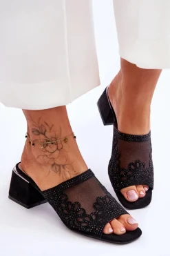 Sale Klapki Na Obcasie Z Siateczką S.Barski KV-612-1 Czarne Damskie Klapki Na Obcasie|Klapki Damskie Klasyczne