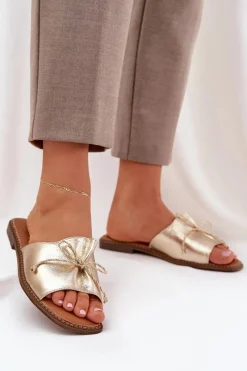 Klapki Damskie Klasyczne>Boto Klapki Na Płaskiej Podeszwie Z Ozdobną Kokardką Złote Deonelis