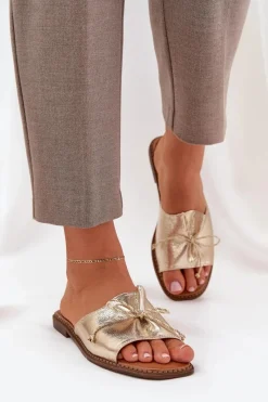 Klapki Damskie Klasyczne>Boto Klapki Na Płaskiej Podeszwie Z Ozdobną Kokardką Złote Deonelis