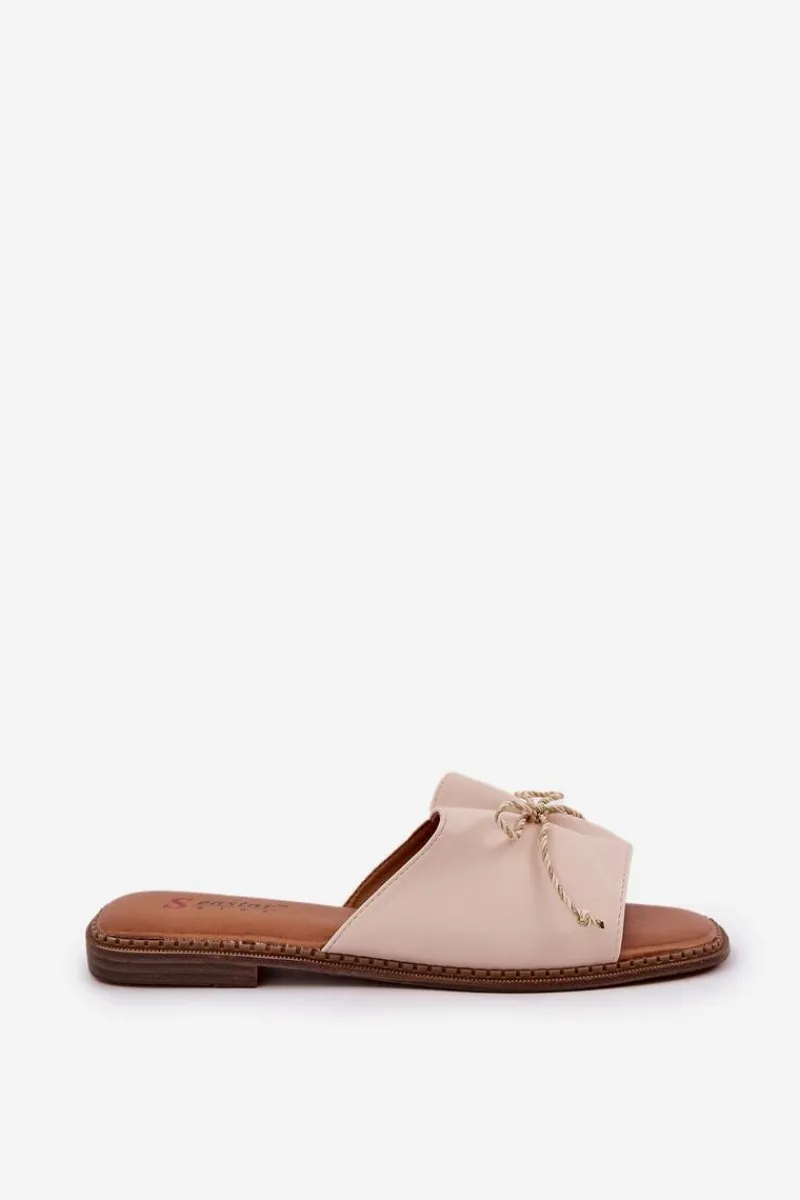 Klapki Na Płaskiej Podeszwie Z Ozdobną Kokardką Beżowe Deonelis Damskie Klapki Damskie Klasyczne