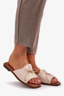 Klapki Na Płaskiej Podeszwie Z Ozdobną Kokardką Beżowe Deonelis Damskie Klapki Damskie Klasyczne