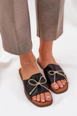 New Klapki Na Płaskiej Podeszwie Z Ozdobną Kokardką Czarne Deonelis Damskie Klapki Damskie Klasyczne