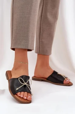 New Klapki Na Płaskiej Podeszwie Z Ozdobną Kokardką Czarne Deonelis Damskie Klapki Damskie Klasyczne