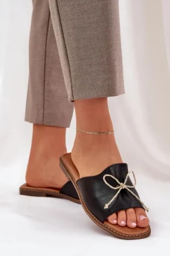 New Klapki Na Płaskiej Podeszwie Z Ozdobną Kokardką Czarne Deonelis Damskie Klapki Damskie Klasyczne