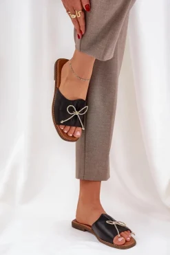 New Klapki Na Płaskiej Podeszwie Z Ozdobną Kokardką Czarne Deonelis Damskie Klapki Damskie Klasyczne