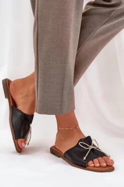 New Klapki Na Płaskiej Podeszwie Z Ozdobną Kokardką Czarne Deonelis Damskie Klapki Damskie Klasyczne