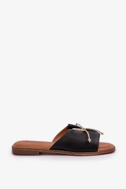 New Klapki Na Płaskiej Podeszwie Z Ozdobną Kokardką Czarne Deonelis Damskie Klapki Damskie Klasyczne