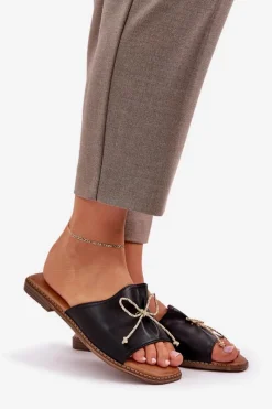 New Klapki Na Płaskiej Podeszwie Z Ozdobną Kokardką Czarne Deonelis Damskie Klapki Damskie Klasyczne