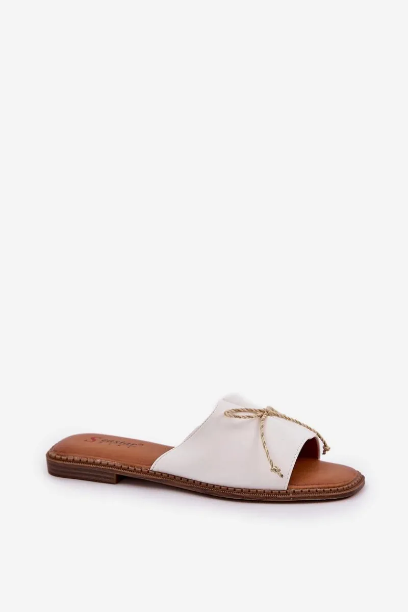 Klapki Damskie Klasyczne>Boto Klapki Na Płaskiej Podeszwie Z Ozdobną Kokardką Białe Deonelis Biały